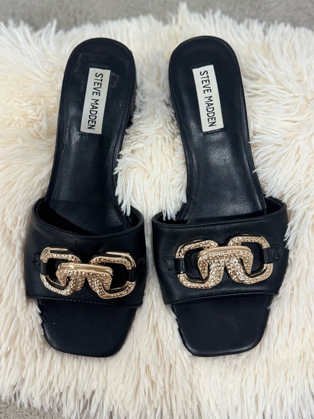 Steve Madden Black Slide Mules with Gold Chain Hardware